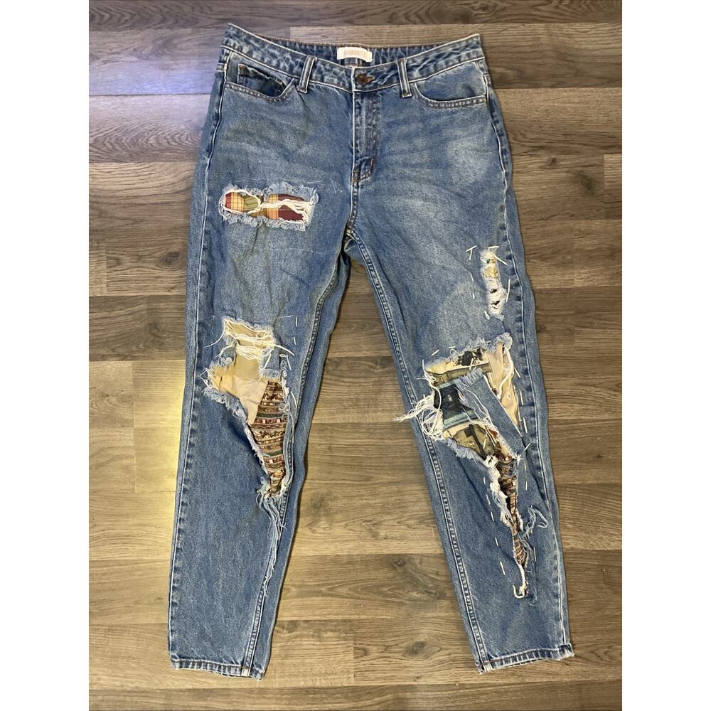 Aphrodite AP Blue Size 9 Destroyed Patchwork Denim Boho Grunge Festival Jeans